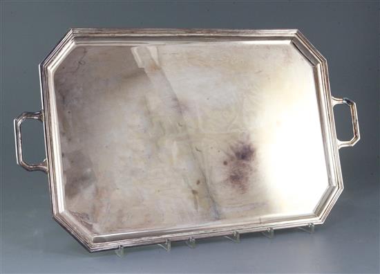 A 1970s silver two handled tea tray by Garrards & Co Ltd, 97 oz.